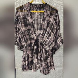 Sheer Cover Up Top Black Floral With Waist Tie Womens Small